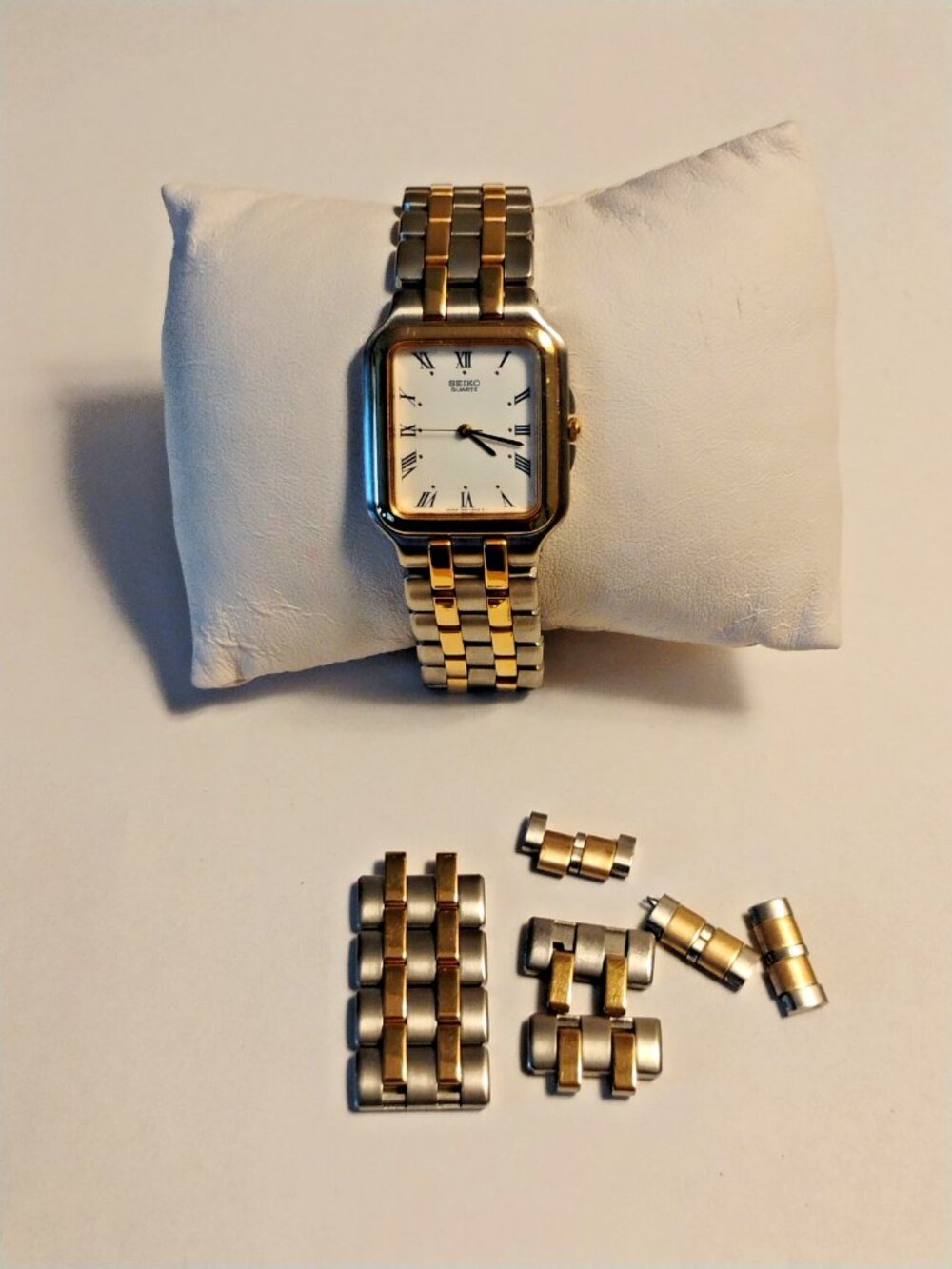 1980's Seiko Quartz Two-Tone Mens Tank Watch w. Box, Links, New Battery
